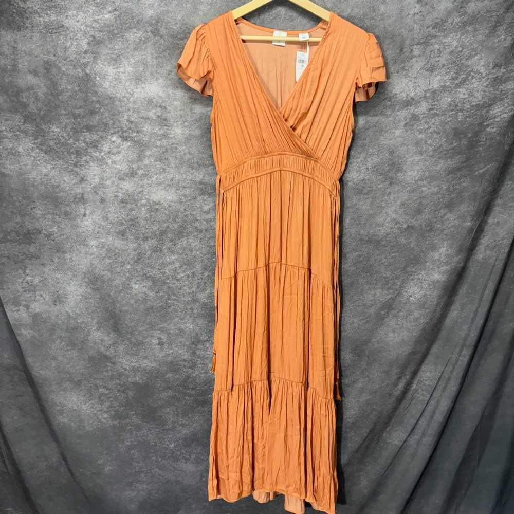 Joie Orange Satin Tiered Maxi Dress Size S Faux Wrap Crossover Top Tassel Boho